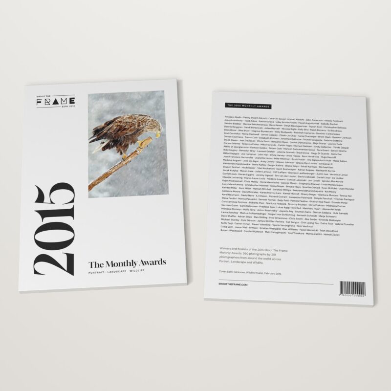 The 2015 Monthly Awards by Shoot The Frame lying flat, front cover and back cover side by side