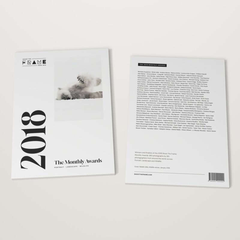 The 2018 Monthly Awards by Shoot The Frame lying flat, front cover and back cover side by side