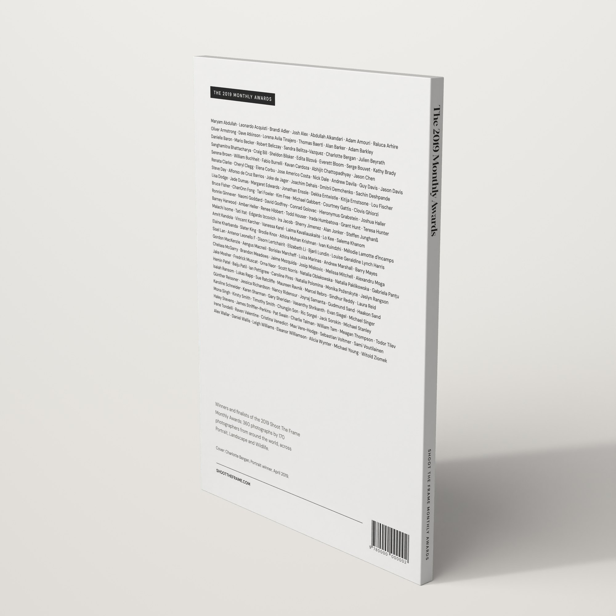 Back cover of The 2019 Monthly Awards by Shoot The Frame, listing the photographers in the book