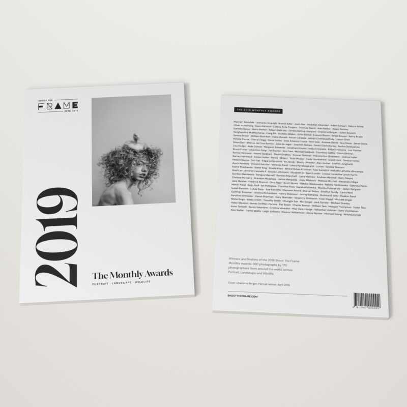 The 2019 Monthly Awards by Shoot The Frame lying flat, front cover and back cover side by side