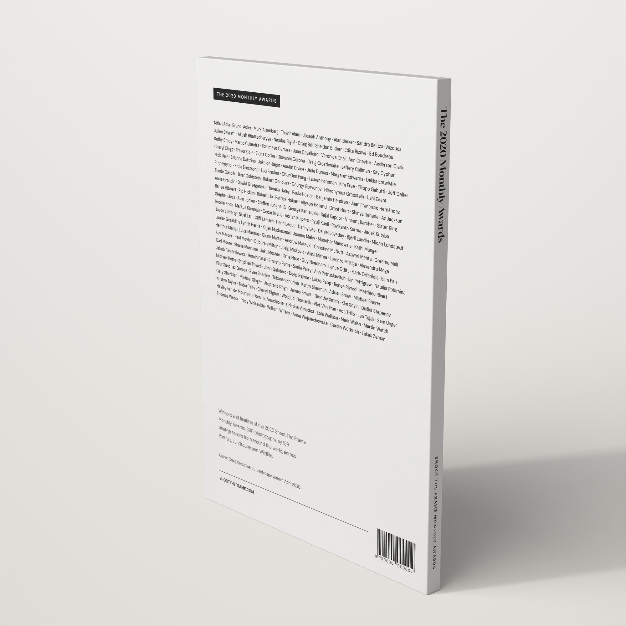 Back cover of The 2020 Monthly Awards by Shoot The Frame, listing the photographers in the book