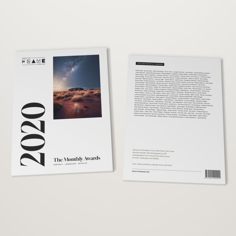 The 2020 Monthly Awards by Shoot The Frame lying flat, front cover and back cover side by side