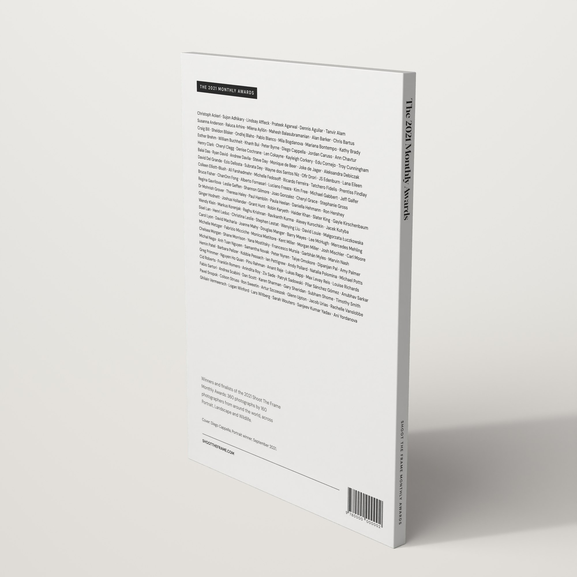 Back cover of The 2021 Monthly Awards by Shoot The Frame, listing the photographers in the book