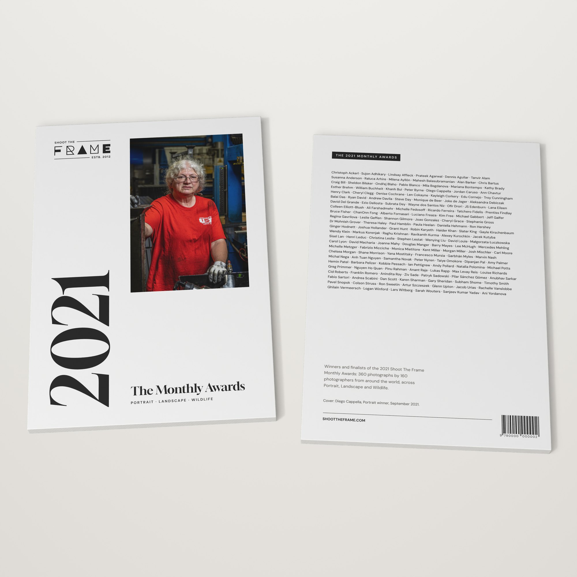 The 2021 Monthly Awards front and back covers The 2021 Monthly Awards by Shoot The Frame lying flat, front cover and back cover side by side