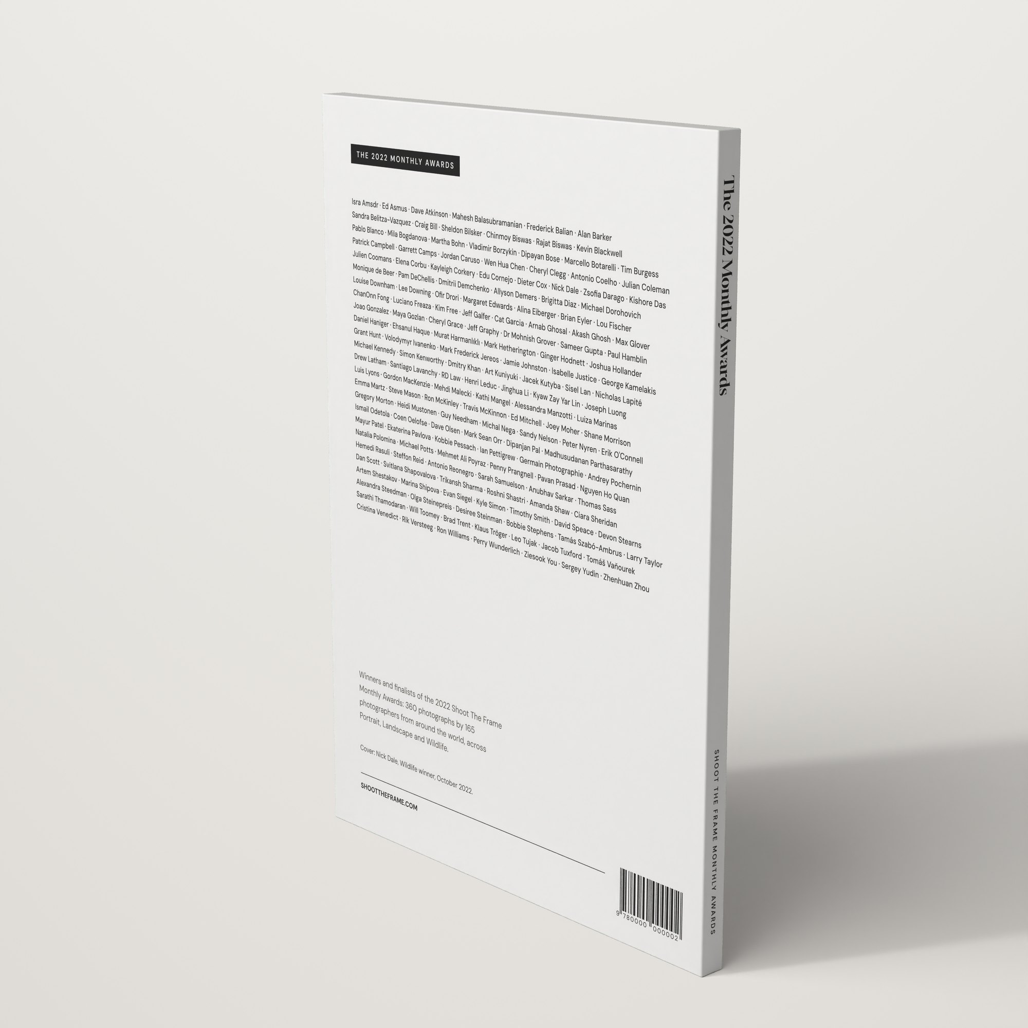 Back cover of The 2022 Monthly Awards by Shoot The Frame, listing the photographers in the book