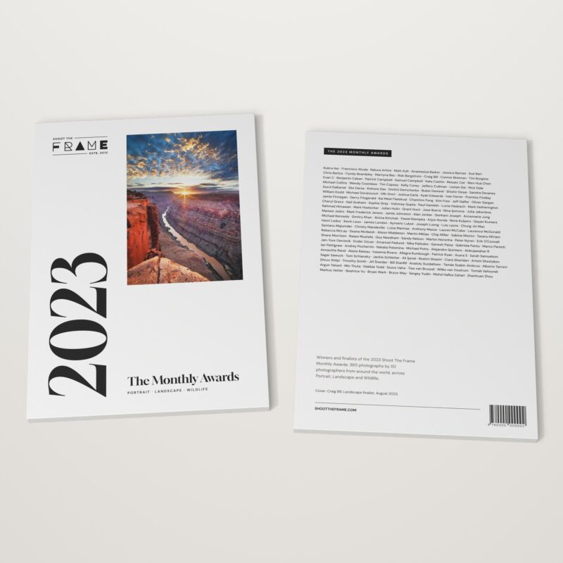 The 2023 Monthly Awards by Shoot The Frame lying flat, front cover and back cover side by side