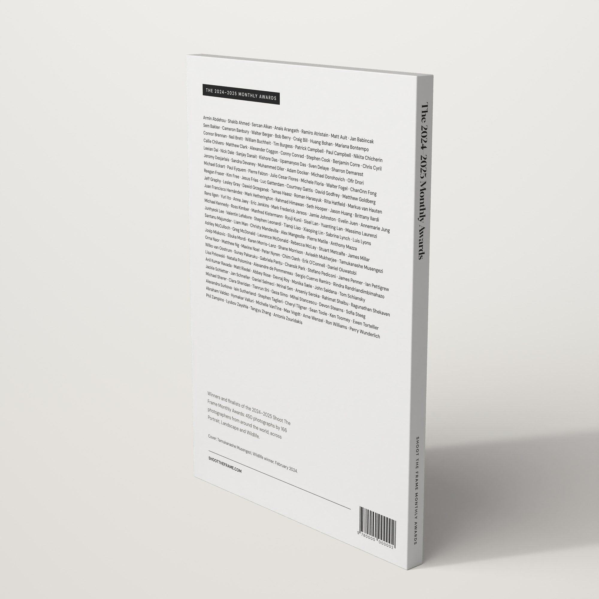 Back cover of The 2024–2025 Monthly Awards by Shoot The Frame, listing the photographers in the book